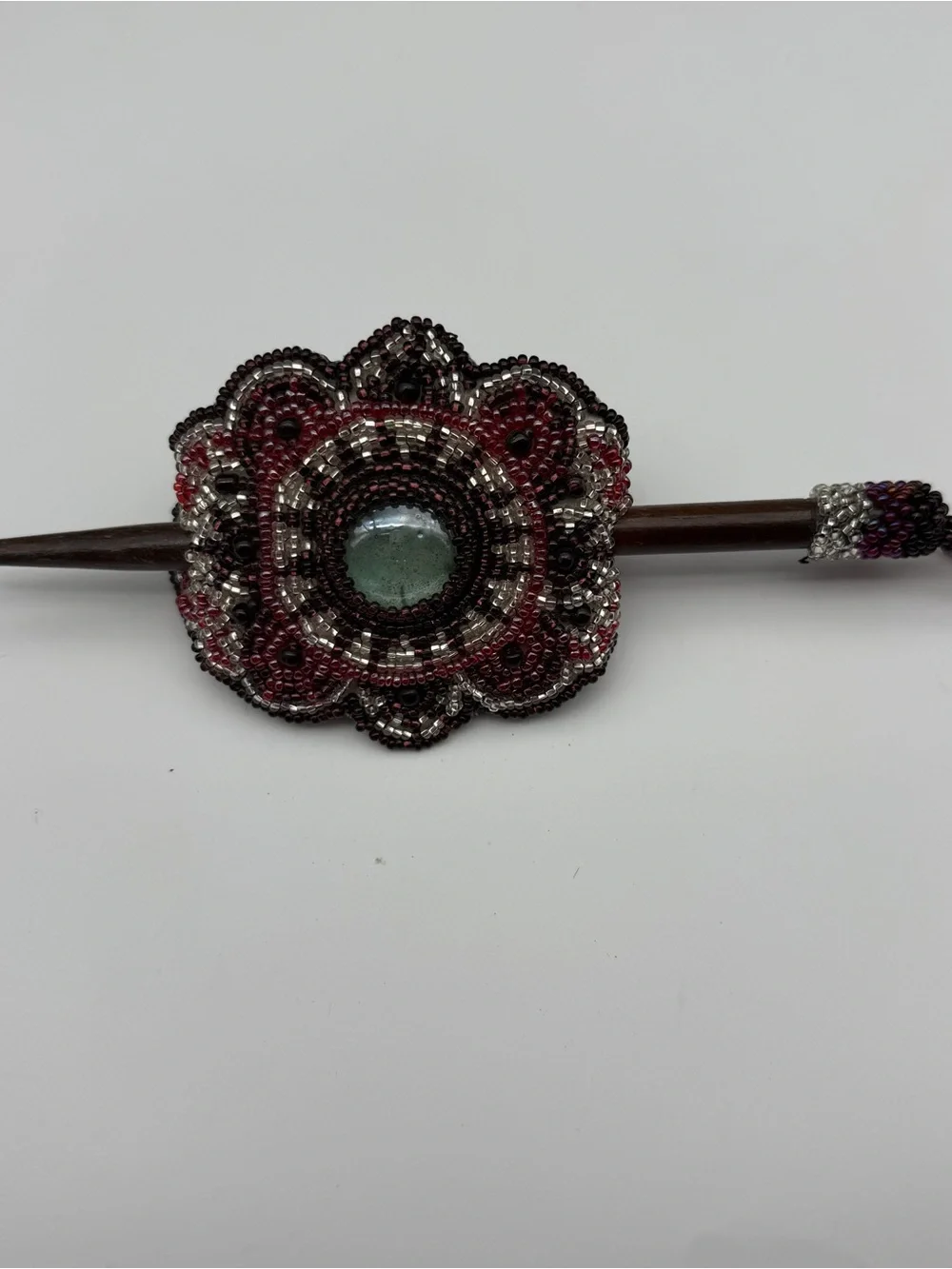 Native American Hand Beaded Barrette/Ponytail Holder With Wood Pin &Leather Back